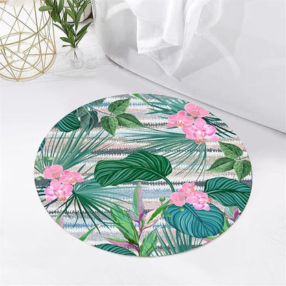 Indoor Outdoor Round Rug 3ft - Blue White Tropical Botanical Pattern, Non-Slip Patio Carpet, Easy-Clean Non-Shedding Rug for Living Room, Kitchen, Garden, Indoor Shower Mat