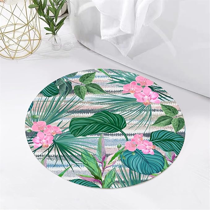 Indoor Outdoor Round Rug 3.3ft - Blue White Tropical Botanical Pattern, Non-Slip Patio Carpet, Easy-Clean Non-Shedding Rug for Living Room, Kitchen, Garden, Indoor Shower Mat