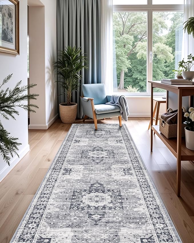 LUMI Runner Rug 3x10, Washable Non-Slip Hallway Throw Rugs, Long Soft Thin Vintage Oriental Kitchen Mats, Low-Pile Indoor Kitchen Entryway Area Rug, Dusty Blue