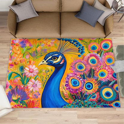 Peacock Rugs for Living Room - 4x6 Rug, Boho Floral Botanical Area Rugs for Bedroom, Wonderful Peacock Rug, Peafowl Washable Carpet, Floral Animal Carpet - Peafowl Home Decor & Gifts