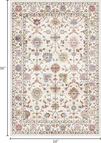 2x3 Washable Entryway Rug - Small Entry Rug Non-Slip Cream Colorful Vintage Traditional Floral Kitchen Rugs Low Pile Boho Carpet Throw Rugs for Bedroom Bathroom Entrance Dorm Laundry Room