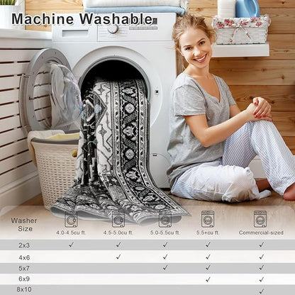 3x5 Black Grey Area Rug for Living Room, Machine Washable Rugs with Non-Slip Backing for Bedroom, Vintage Medallion Carpet Kitchen Laundry Kids Room Decor