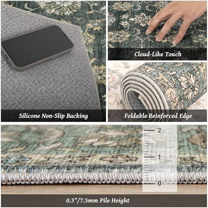 Washable 4x6 Rugs for Living Room, Boho Non-Slip Vintage Distress Small Rugs for Bedroom Nursery Office, 0.3" Neutral Oriental Throw Thin Carpet with Cushioning Pad, Sage Green/Blue/Multi