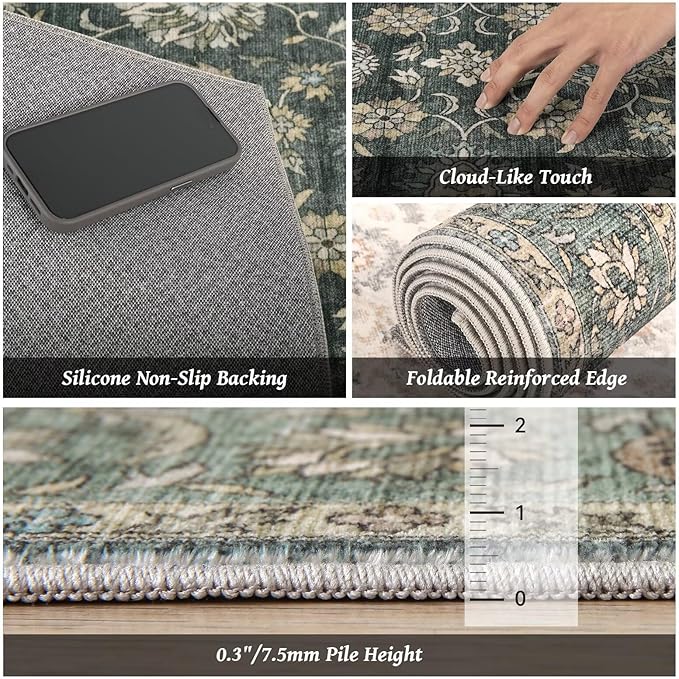 Washable 6x9 Area Rugs for Living Room, Boho Non-Slip Vintage Distress Large Rugs for Bedroom Dining Room Nursery Office, 0.3" Neutral Oriental Throw Thin Carpet, Sage Green/Blue/Multi