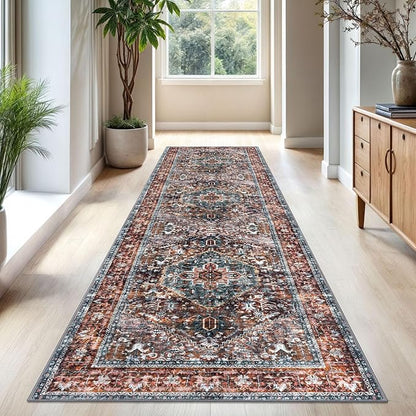 KOZYFLY Area Rug 3x10 Ft Washable Boho Runner Rug for Entryway Hallway Indoor Printed Faux Wool Carpet for Bedroom Kitchen Hall, Brick Red/Orange/Green