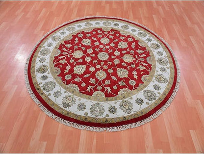 Exotic Red Hand Knotted All Over Leaf Pattern Wool and Silk Rajasthan Design Round Rug (6'x6')