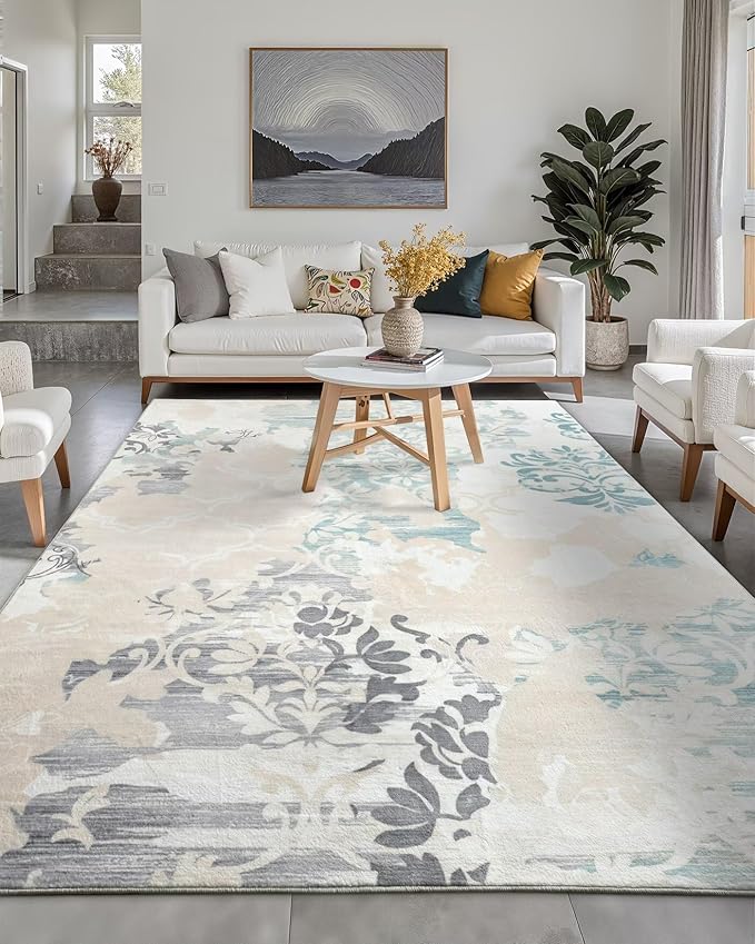 Washable Abstract Rug, 4x6 Ivory and Aqua Floral Area Rugs with Non-Slip Rubber Backed for Bedroom, Low Pile Modern Throw Carpet Kitchen Living Room Decor
