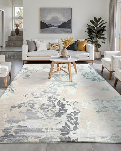 Washable Abstract Rug, 8x10 Ivory and Aqua Floral Area Rugs with Non-Slip Rubber Backed for Living Room, Low Pile Modern Throw Carpet Bedroom Dining Room Decor