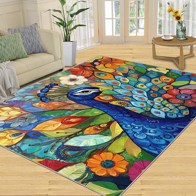 Boho Peacock Rug Small - 4x6 Rug, Colorful Peacock Washable Rugs for Living Room, Teal Turquoise Carpet, Modern Style Non-Slip Area Rugs for Bedroom, Aesthetics Carpet - Peafowl Home Decor & Gifts