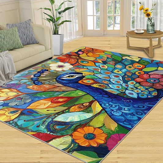 Boho Peacock Rug Large - 5x8 Rug, Colorful Peacock Washable Rugs for Living Room, Teal Turquoise Carpet, Modern Style Non-Slip Area Rugs for Bedroom, Aesthetics Carpet - Peafowl Home Decor & Gifts