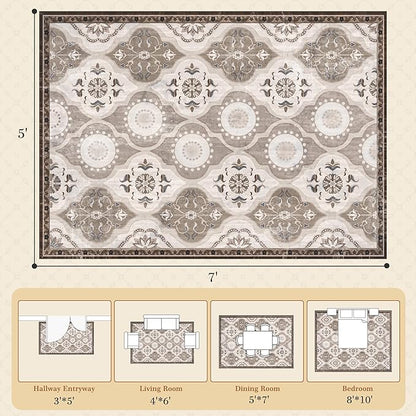 EnHomee Area Rugs 5x7, Soft Washable Rugs for Living Room Bedroom, Boho Non Slip Low Pile Stain Resistant Washable Rug Large Carpet for Dining Room,Easy to Clean Living Room Rug, Khaki