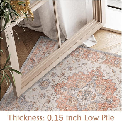 JINCHAN Area Rug 3x5 Vintage Washable Entryway Rug Floral Medallion Floor Cover Lightweight Non Slip Thin Retro Classic Soft Boho Farmhouse Carpet for Living Room Bedroom Dining Room Kitchen Brick Red