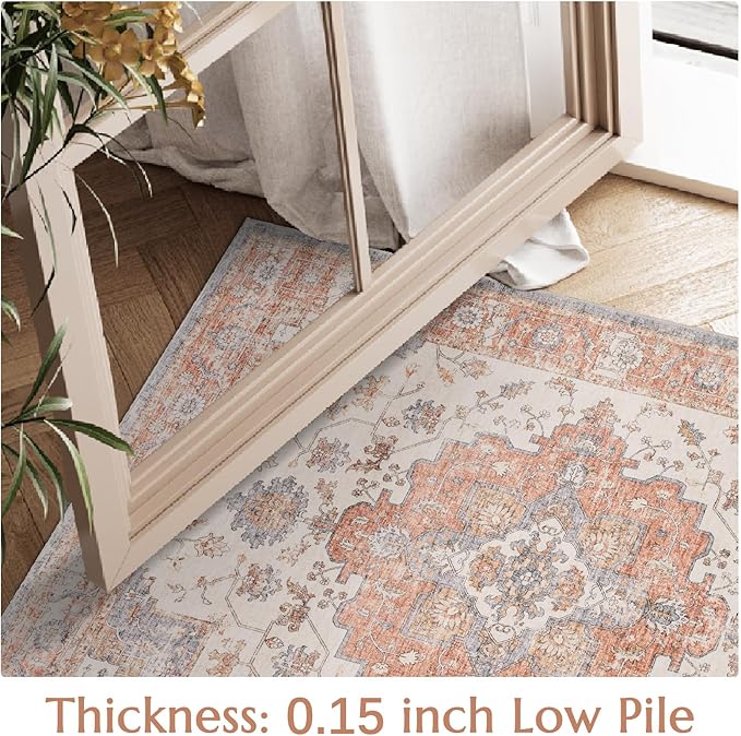 jinchan Area Rug 6x9 Vintage Washable Living Room Rug Floral Medallion Non Slip Thin Floor Cover Retro Classic Soft Boho Farmhouse Carpet for Bedroom Dining Room Kitchen Brick Red