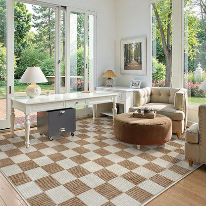LIVEBOX 8x10 Area Rugs for Living Room, Checkered Non-Slip Washable Rugs, Farmhouse Neutral Classic Geometric Pattern Large Boys Area Rug for Bedroom, Carpet for Dining Room Office(Brown,8'x10')
