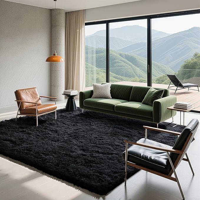 6x9 Area Rugs for Living Room Bedroom, Soft Fluffy Shaggy Bedside Rug, Indoor Floor Carpet for Kids Playroom, Dorms, Nursery Rooms, Home Decor (Black 6'x9')