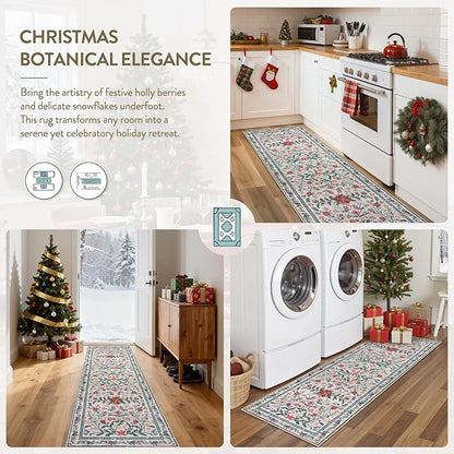 Lahome Christmas Runner Rugs 2x6 Kitchen Decor, Entry Way Rugs with Botanical Holly Berries, Non-Slip Thin Mat for Hallway Front Door Cottagecore Indoor Decor