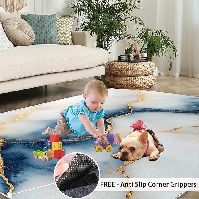 3x6 Abstract Marble Bedroom Rug Under Bed - Blue-White-Marble Kids Room Rugs, Luxury Stone Pattern Bedroom Runner Rug Soft Washable for Living Room Kitchen