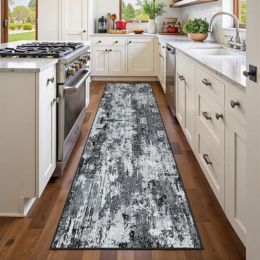 Washable Area Rugs 2'x10' Non-Slip Modern Abstract Soft for Living Room Entryway Bedroom Nursery, Print Pattern, Black Gray