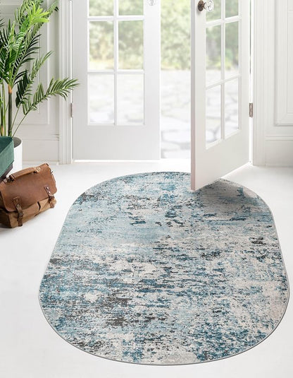 Rugs.com Leipzig Collection Rug – 5x8 Oval Blue Low-Pile Rug Perfect for Living Rooms, Large Dining Rooms, Open Floorplans