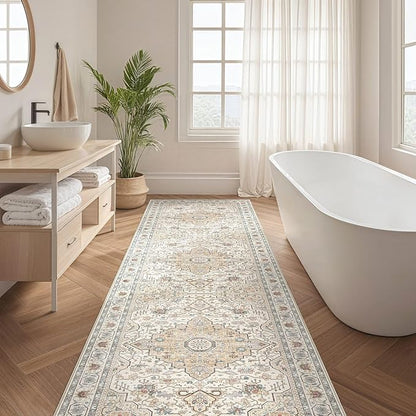 Runner Rug Kitchen Washable Rugs: 3x8 Non-Slip Boho Soft Vintage Stain Resistant Indoor Floor Neutral Farmhouse Throw Carpet for Hallway Bathroom Laundry Room Entryway Bedroom- Cream