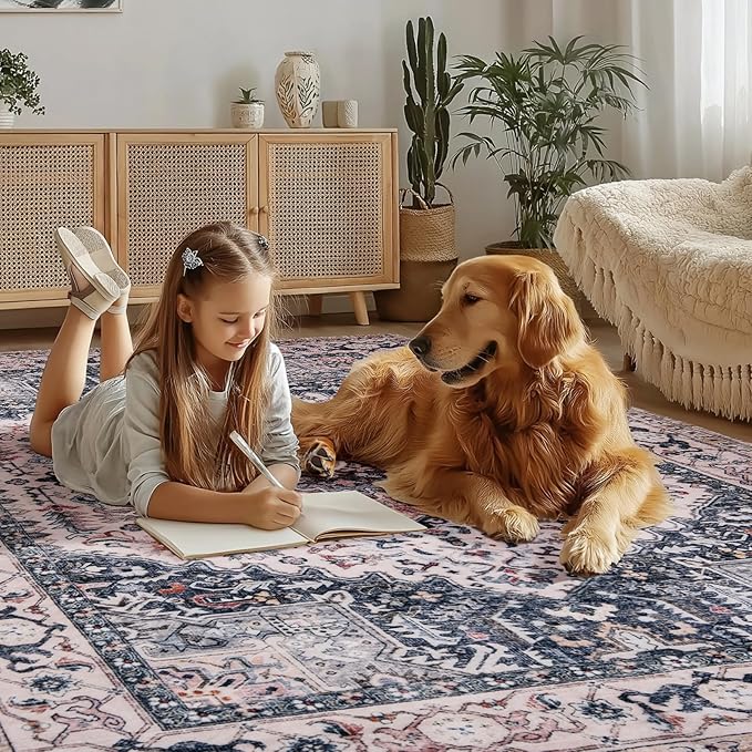 PURRUGS Vintage Farmhouse Boho Large Area Rug 8x10 ft, Non-Slip Machine Washable Rug, Accent Oriental Rug for Living Room, Dining Room, Bedroom, Entryway and Kitchen, Coral Red/Marine Blue