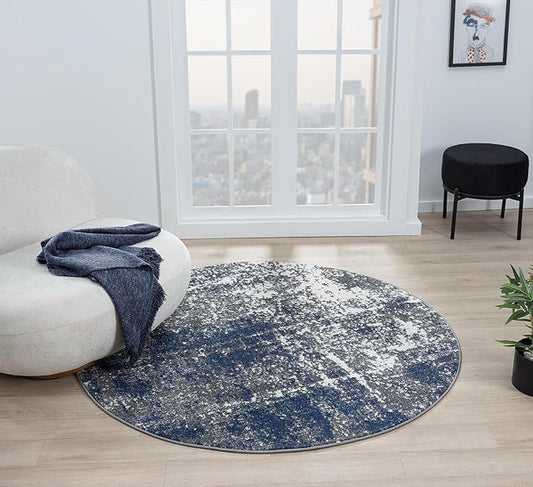 Keen Home Design Area Rugs - 8ft Round Non-Shedding, Abstract Rugs for Kitchen, Living Room, Bedroom, Dining Room, Entryway - Size: 7'10" Round, Navy/Grey/White