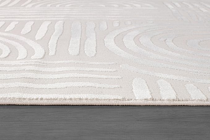 Beverly Rug Modern Geometric Area Rug 4x6 Low-High Pile Durable Soft Abstract Curved Indoor Rugs for Living Dining Room Office Stain Resistant Non Shedding Casual Indoor Carpet Beige White 4 x 6