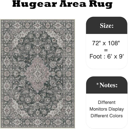 HUGEAR Retro Black Area Rug 6x9 Machine Washable Living Room Rugs Distressed Vintage Floral Low Pile Carpet Bedroom Office Dining Room Laundry Room Non Slip Soft Lightweight