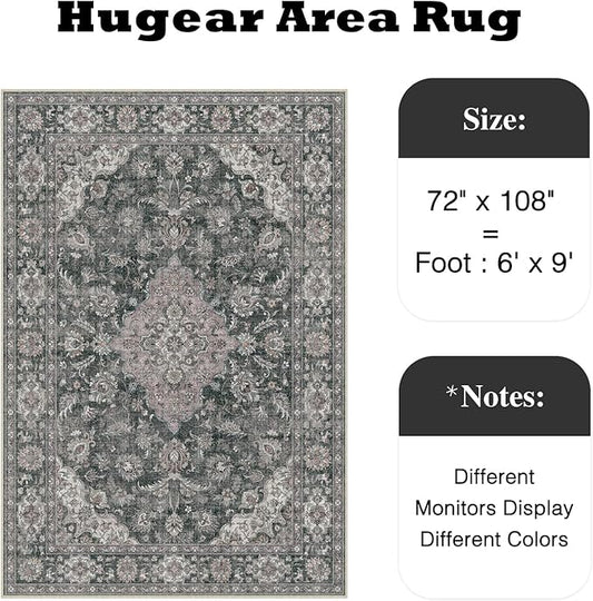 HUGEAR Retro Black Area Rug 6x9 Machine Washable Living Room Rugs Distressed Vintage Floral Low Pile Carpet Bedroom Office Dining Room Laundry Room Non Slip Soft Lightweight