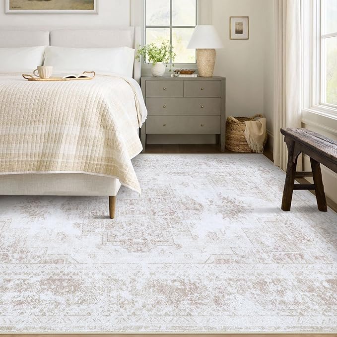 Area Rug 5x7 Living Room Rug, Machine Washable Vintage Distressed Medallion Rug Non-Slip Soft Low Pile Large Indoor Rugs for Bedroom Kitchen Dining Room Office(Beige,5'x7')