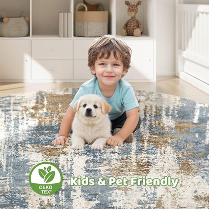 Round Rug Living Room Rugs: 8Ft Washable Circle Large Abstract Modern Soft Stain Resistant Non Slip Indoor Floor Carpet for Bedroom Nursery Office Dining Room Dorm Home House Decor- Tan Blue