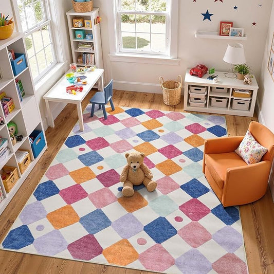 jinchan Macy Area Rug 6x9 Kids Washable Rug Indoor Floor Cover Non-Slip Modern Soft Rug Elementary School Classroom Diamond Carpet for Nursery Playroom Daycare Living Room Bedroom Berries on Cream