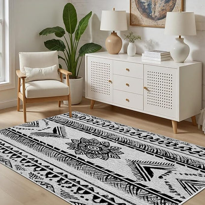 Area Rugs Moroccan for Living Room 7x10, Washable Non-Slip Boho Rug, Neutral Farmhouse Soft Carpet for Bedroom, Kitchen, Dining Room, Entryway, Geometric Print Tribal Carpets, Black and White