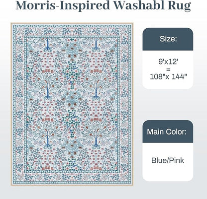 9x12 Area Rug Living Room Rug - Floral Vintage Forest Washable Carpet, Low Pile Non-Slip Stain Resistance Boho Soft Large Carpet for Bedroom, Dining Room Under Table, Farmhouse (9'x12' Blue/Pink)