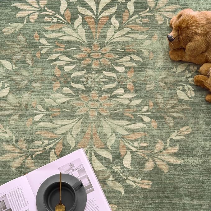 jinchan Round Rug 6ft Area Rugs Vintage Floral Distressed Design,Machine Washable Soft Non-Slip Low-Pile Ultra-Thin Circle Rug for Bedside Living Room Dining Room Bedroom (6' Round, Dark Green)