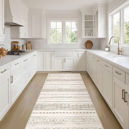 Nakagishi Runner Rug Kitchen Washable Rugs: 3x8 Non-Slip Boho Soft Modern Stain Resistant Indoor Floor Neutral Farmhouse Throw Carpet for Hallway Bathroom Laundry Room Entryway Bedroom- Brown