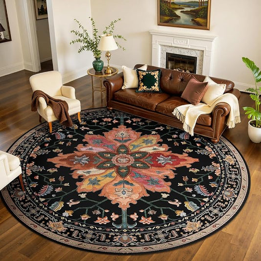 Area Rugs 7ft Washable Non-Slip, Floral Vintage Distress Print Pattern Medallion Carpet for Living Room Bedroom Dining Room, Black Colorful Floral Dark Tan