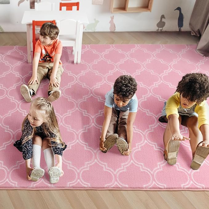 Amearea Fluffy Indoor Trellis Rug, Soft Moroccan Home Rugs for Bedroom, Shag Modern Area Rug for Living Room Kids Room Nursery, Easy Clean, Home Decor Low Pile Carpet, Pink 4x6 Feet