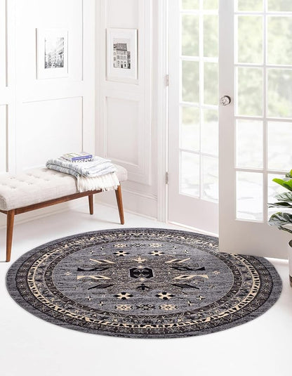 Unique Loom Taftan Collection Border Geometric Tribal Inspired Design Area Rug (8' 0 x 8' 0 Round, Gray/ Black)