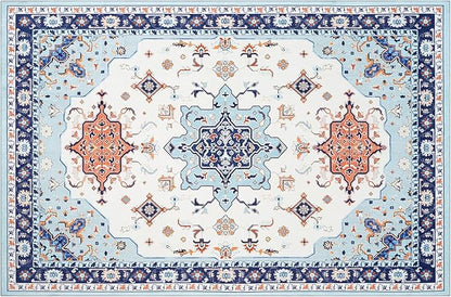 Phantoscope Washable Area Rug 4'x6' Non-Slip, Vintage Boho Rugs for Living Room, Bedroom, Dining Room, Medallion Persian Symmetrical Pattern, Low-Pile Foldable Floor Carpet, vory Blue/Orange