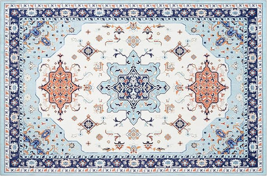 Phantoscope Washable Area Rug 4'x6' Non-Slip, Vintage Boho Rugs for Living Room, Bedroom, Dining Room, Medallion Persian Symmetrical Pattern, Low-Pile Foldable Floor Carpet, vory Blue/Orange
