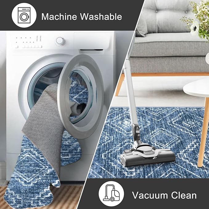 KILOCOCO Living Room Rug 6x9 Area Rug Printed Boho Washable Bedroom Rugs Non Slip Soft Large Moroccan Indoor Rugs for Dining Room Office Farmhouse Geometric Carpet, Stonewashed Blue