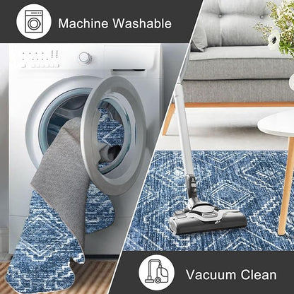 KILOCOCO Area Rug 4'x6' Entryway Rug Washable Bedroom Rugs Non Slip Printed Boho Low-Pile Rubber Backed Blue Soft Rugs for Kitchen Living Room Dining Geometric Moroccan Carpet, Stonewashed Blue