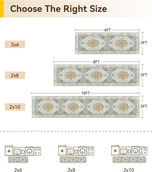 Area Rugs 2'x6' Washable Non-Slip, Floral Vintage Distress Print Pattern Medallion Carpet for Living Room Bedroom Dining Room, Light Yellow Carbon Grey Orange
