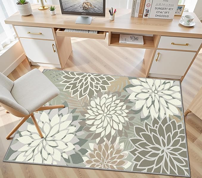 3x5 Washable Rug for Living Room Tropical Botanical Modern Floral Chenille Area Rugs Low Pile Non Slip Carpet for Patio, Bedroom, Laundry, Taupe