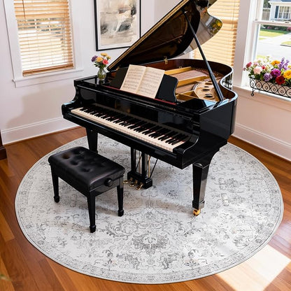 jinchan Kalen Round Rug 8ft Area Rug Washable Vintage Indoor Retro Floor Cover Distressed Gray Floral 8' Round Circle Boho Non Slip Thin Carpet for Living Room Dining Room Bedroom Kitchen Grey