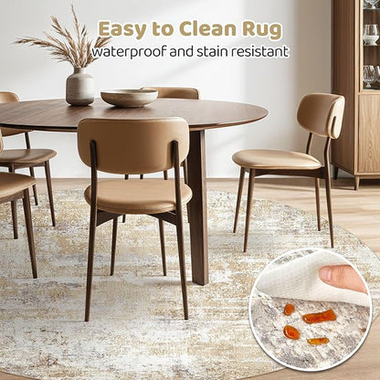 Round Rug Living Room Rugs: 4x4 Washable Circle Abstract Modern Soft Stain Resistant Non-Slip Indoor Floor Carpet for Bedroom Entryway Nursery Office Dorm Home House Decor- Gray Gold