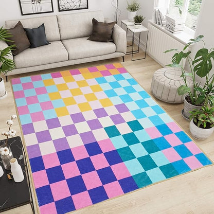 Multicolored Checkered Rug 3x5 Washable Ultra-Thin Funky Bedroom Rug Non-Slip Soft Multicolored Stain Resistant Carpet for ‎Dining Room Office
