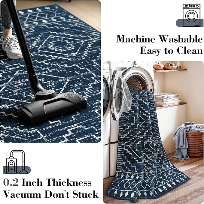 Wonnitar Moroccan Bathroom Rug,Washable 2x3 Small Bath Mat, Boho Tribal Soft Kitchen Sink Mat, Non-Slip Geometric Entry Way Rug, Low-Pile Indoor Carpet for Bedside Entrance Laundry (Blue,2'x3')