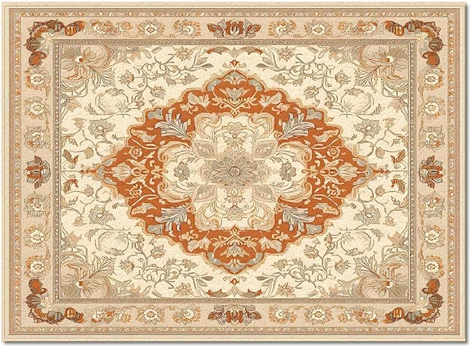 Orange Bohemian Rectangular Area Rugs for Living Room Bedroom 5 x 6.9 ft Vintage Farmhouse Floral Pattern Non-Shedding Soft Low Pile Rug Non Slip Washable Rug for Nursery Entryway Playroom